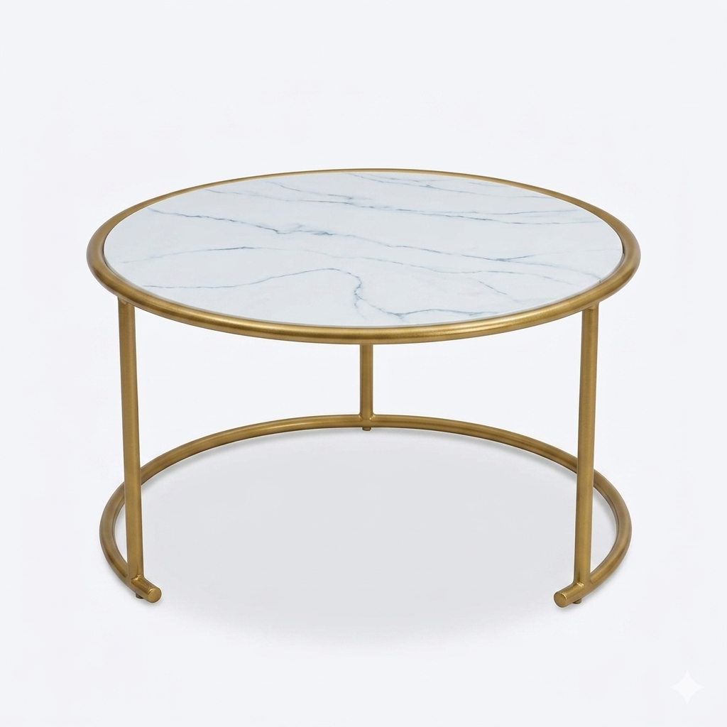 COFFEE TABLE STEEL BASE - Dia. 28"x18" AM / MARBLE FINISH PAINTED WOODEN TOP